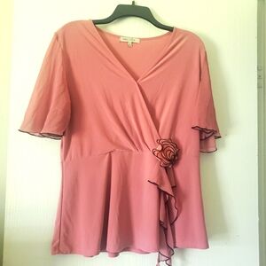 Emma And Olive Ladies Size Large Pink Top With Black Floral Accent.